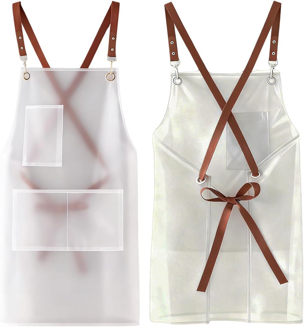 2 Pack Waterproof Translucent Apron with Large Pockets,Cross Back Apron Cooking Apron for Dishwashing,Cleaning Fish,