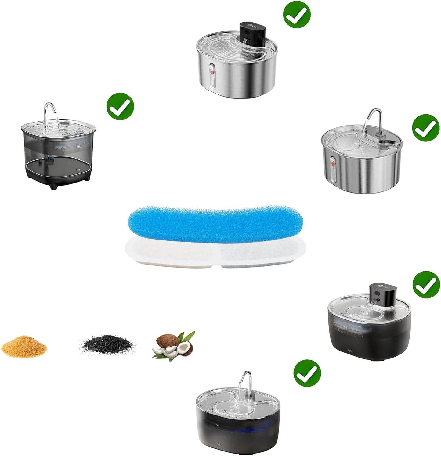 Cat Water Fountain Filter, 8 Filters replacment + 8 Pre-Filter Sponges 2-Month Supply, Replacement Parts for 3.2L Pet Water Dispensers