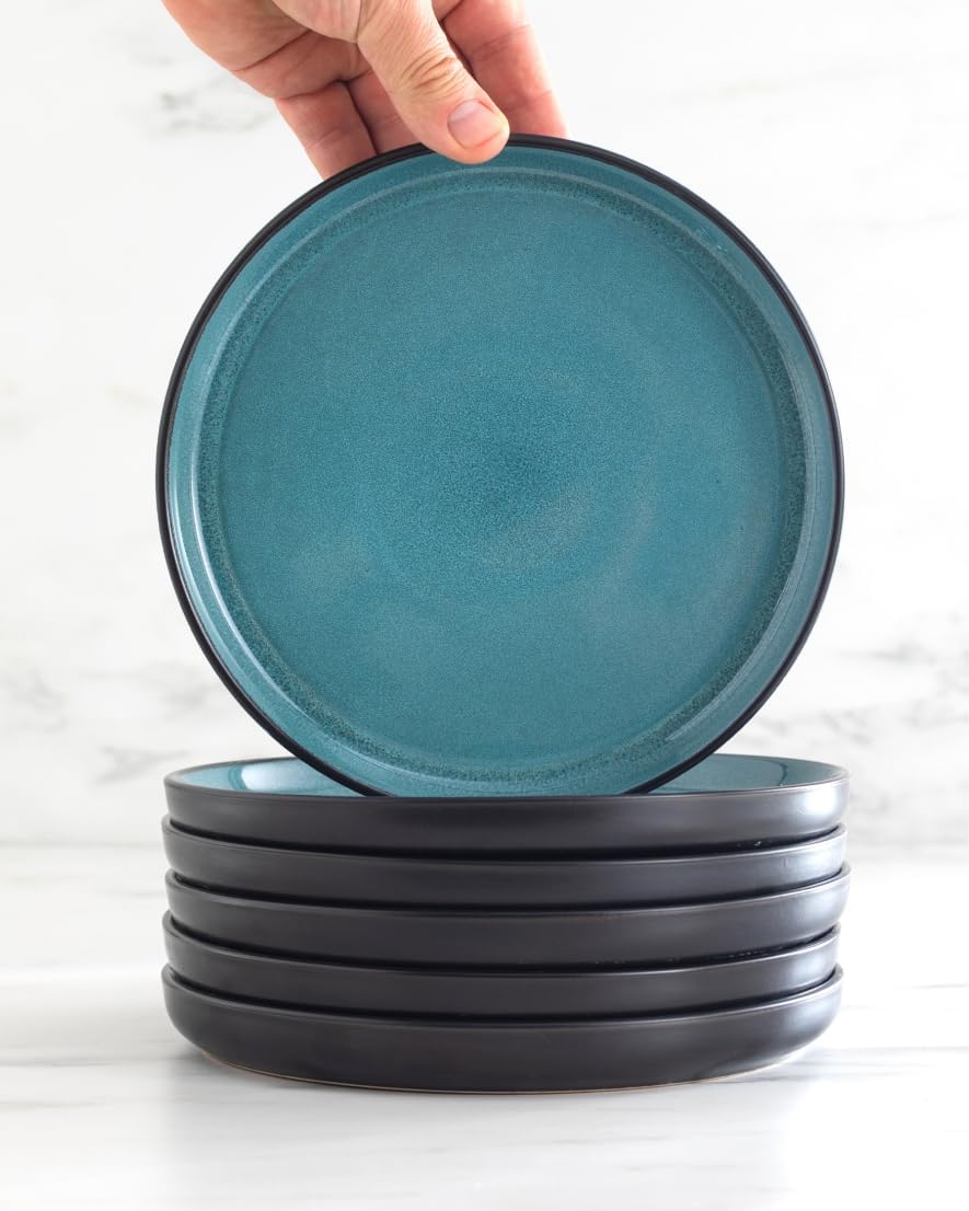 Stoneware Dinnerware Set for 4, 16 Piece Plates and Bowls Set - Handmade Reactive Glaze, Chip & Scratch Resistant Sets - Dishwasher Microwave Safe, Modern Kitchen Dinner Service in Dark Petrol Blue
