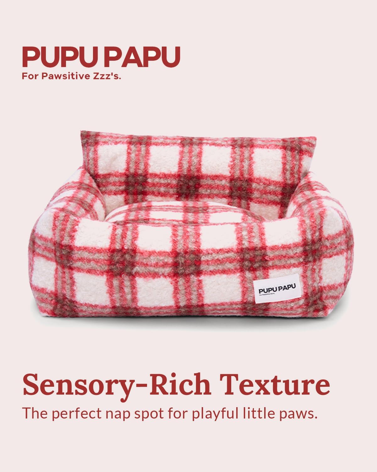 Bouclé Plaid Cat Sofa - Designer Mid-Century Modern Pet Couch, Furniture-Grade Aesthetic Bed for Indoor Cats & Small Pets, Berry Red Rustic Decor, Washable, 21.6"x17.7"
