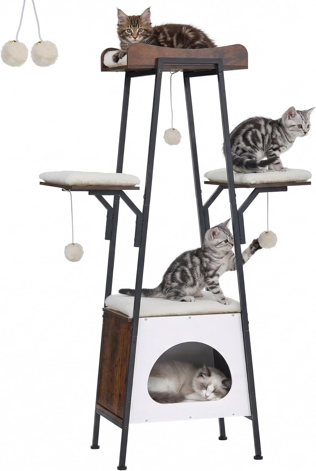 46-Inch Modern Cat Tree Tower for Large Cats, Multi-Level Cat Tower with Playful Toy Balls, Large Perch, Cat Condo, Removable Pads, White