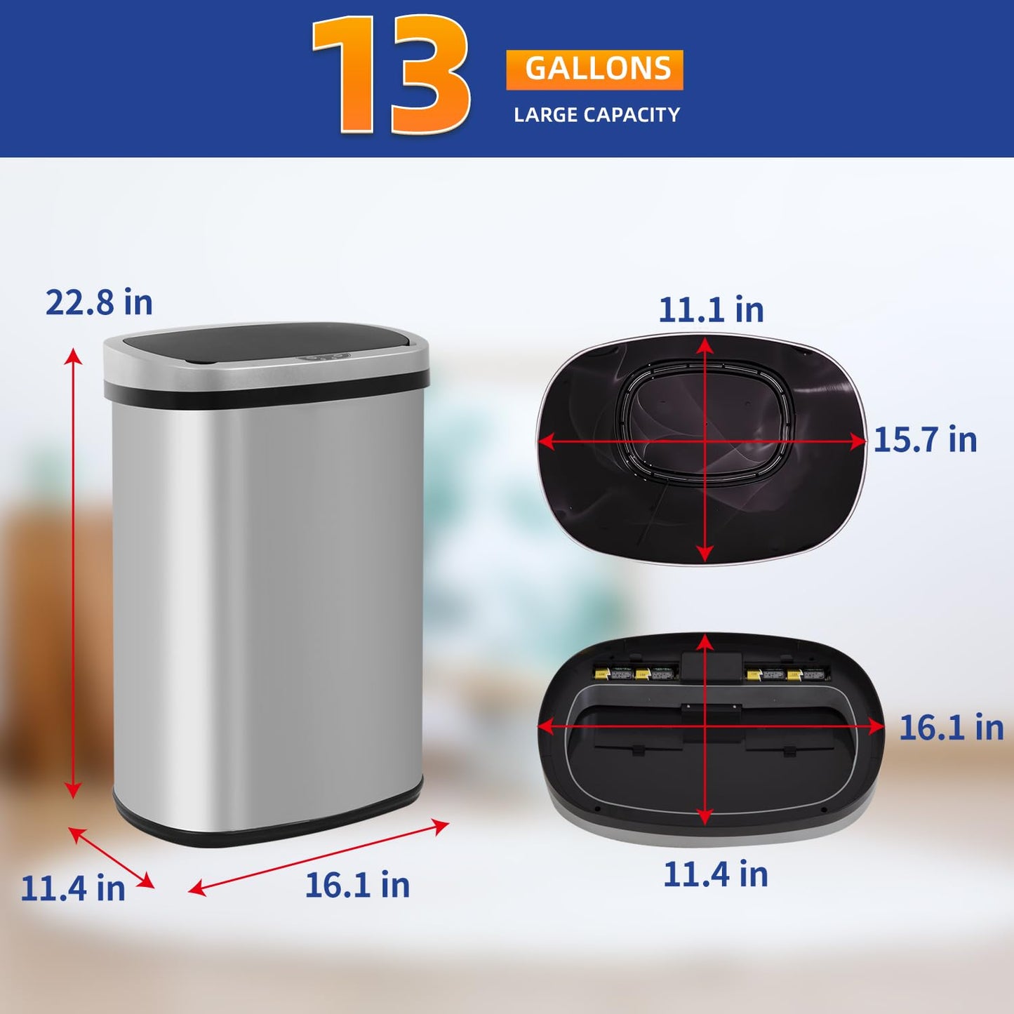 BestOffice | 13 Gallon Trash Can with Lid | Automatic Touchless Garbage Can | Odor Control | Modern Oval Design | Easy to Clean | Stainless Steel | Fits Any Kitchen, Bathroom, Office or Home