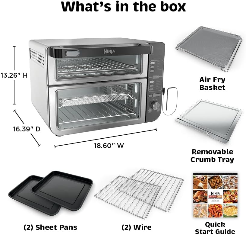 Ninja DCT451 12-in-1 Smart Double Oven with FlexDoor, Thermometer, FlavorSeal, Smart Finish, Rapid Top Convection and Air Fry Bottom , Stainless Steel