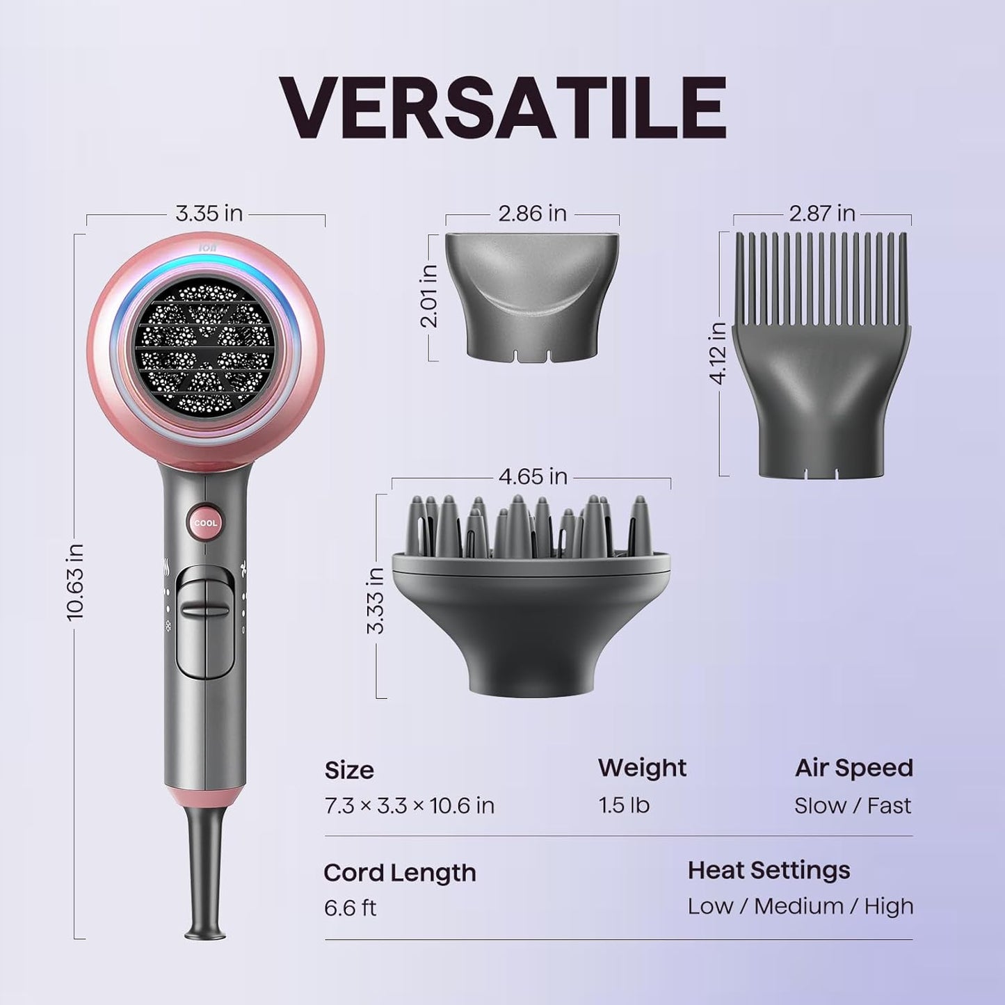 Wavytalk Hair Dryer, Blown Away Ionic Hair Dryer for Curly Hair with Diffuser, 1875W Fast Drying Blow Dryer with Ceramic Technology, 3 Attachments for All Hair Types, Light and Quiet, Rose Gold