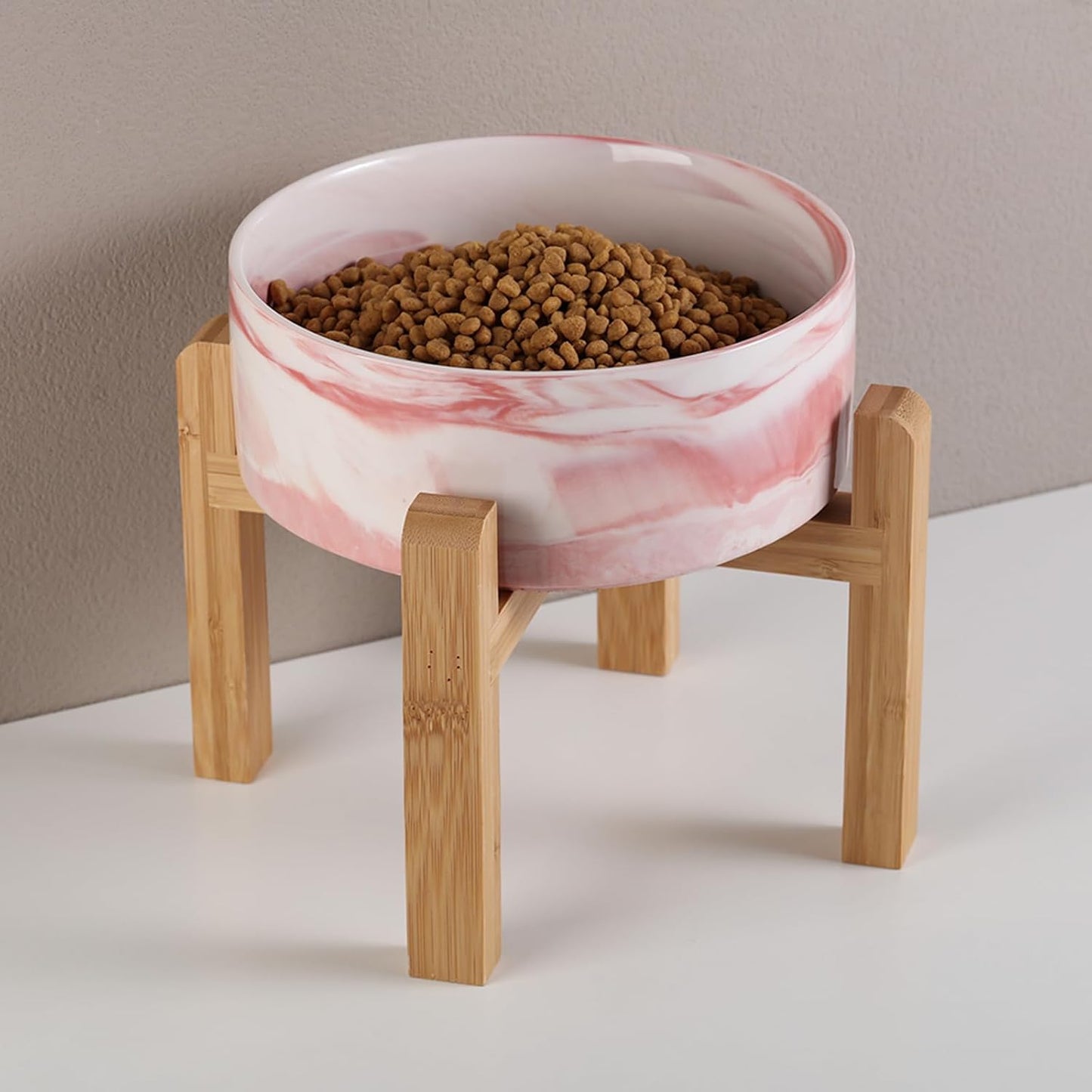 Raised/Elevated Ceramic Dog Bowl for Small Medium Sized Breeds,Dog Food Water Bowl with Stand,6 in Non Slip Heavy Pet Feeding Dish 3.6 Cups/ 850 ml /28 OZ Marble Pink