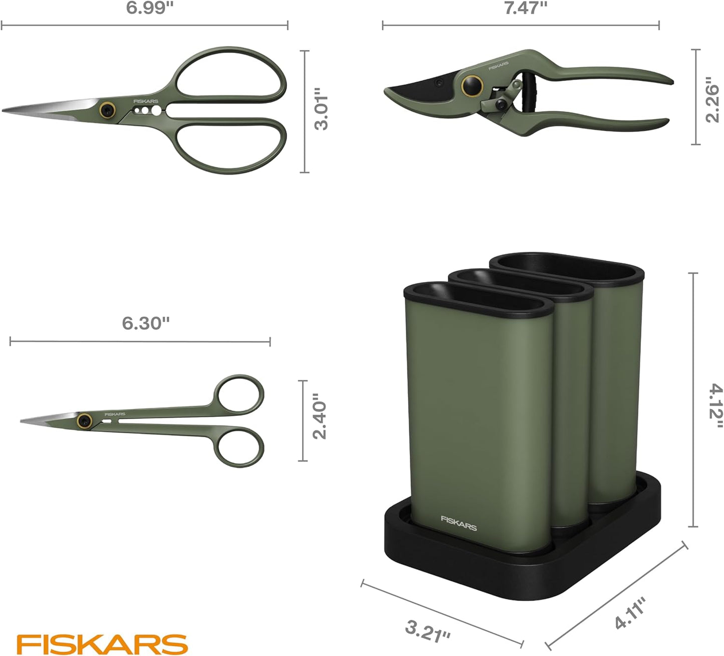 Fiskars Indoor Plant Care 3-Piece Set, Precision Gardening Tools with Nesting Storage Caddy, Detail Snips, Stem Shears & Bypass Pruner for Trimming & Shaping Houseplants, Stainless Steel Blades, Green