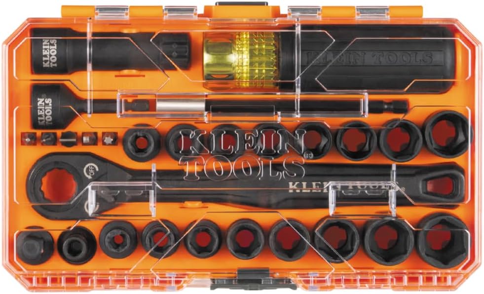 Klein Tools 65400KNECT KNECT Essential Pass Through Impact Socket Set, SAE and Metric, 90-Tooth Ratchet, MODbox Case, 3/8-Inch Drive, 28-Piece