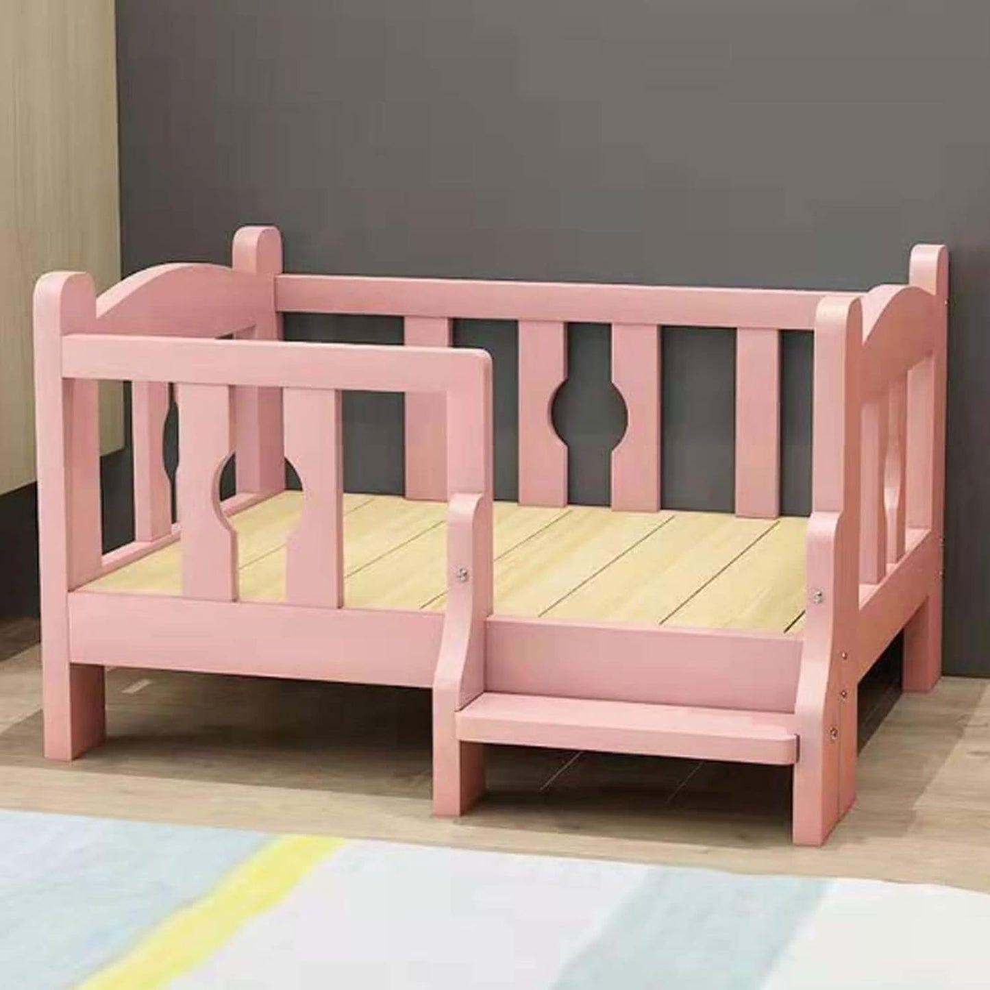 Dog Bed Dog Bed Wooden Dog Cat Bed Pink Pet Bed Bed with Guardrail and Elevated Stairs Pets Lounge Steps for Large Medium Small Pets for Dogs Pet Cat (A 80×60×44cm)