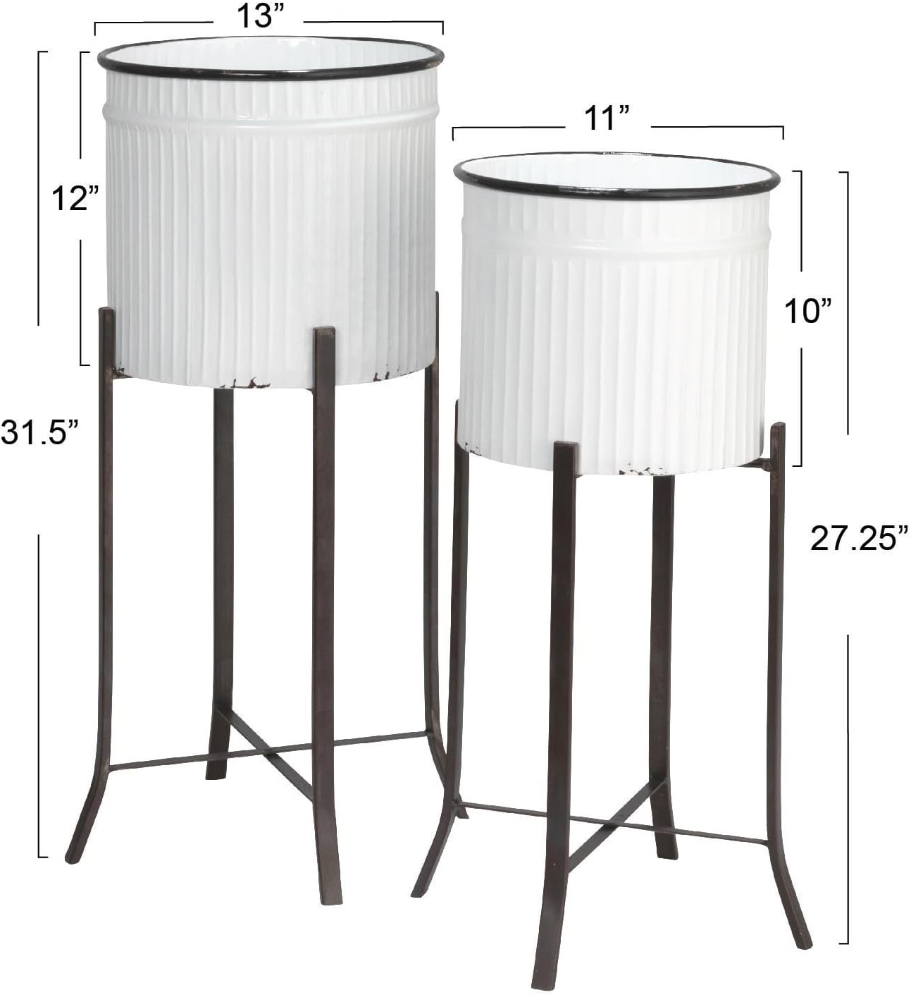 Creative Co-Op Round Corrugated Metal Planters on Stands, White and Black, Set of 2