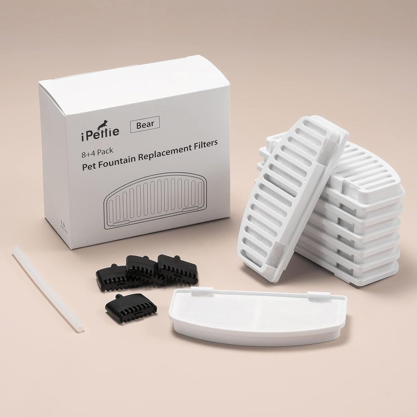 iPettie Bear Wireless Cat Water Fountain Filters Kit, IP-WF-P02-F8, 8 x Carbon Filter, 4 x Pump Sponge Filter, 1 x Water Pipe