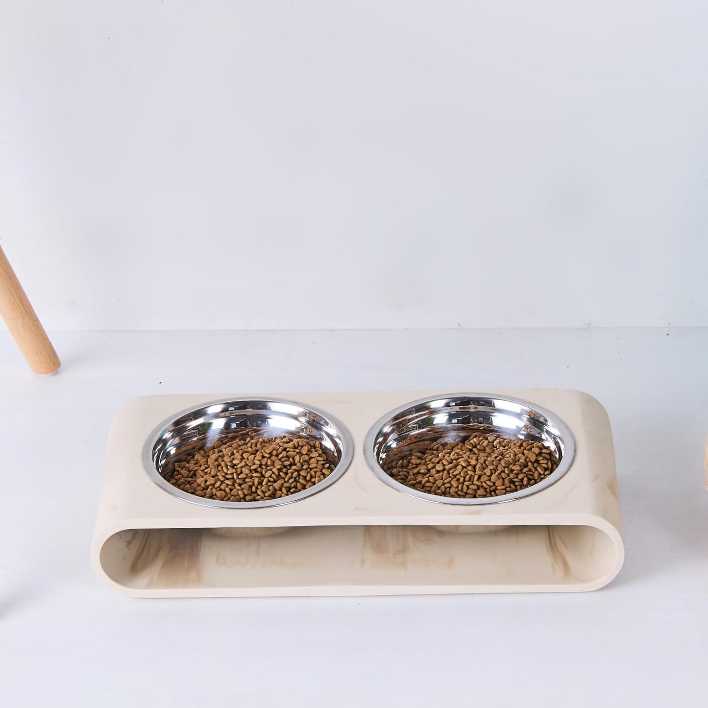 Beige Marble Elevated Dog Bowls Set - 2 Thick 6" Stainless Steel Puppy Food Bowl with Non-Slip Raised Holder Stand, Double Feeding Bowls for Food and Water, Suitable for Cats and Small Medium Pet