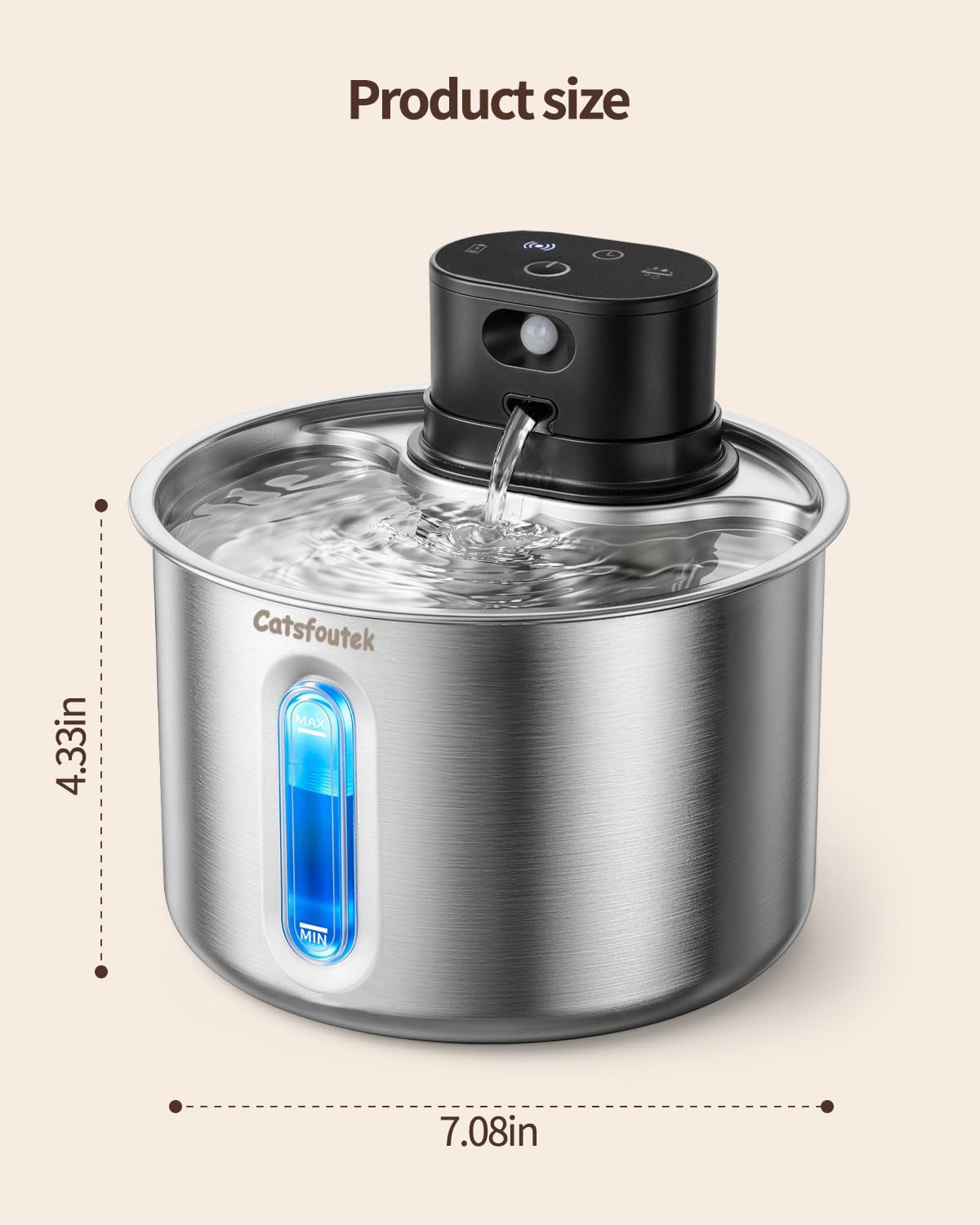 Wireless Cat Water Fountain Cordless Stainless Steel Cat Fountain Battery Operated 74oz/2.2L Rechargeable Automatic Pet Water Fountain for Cats Indoor