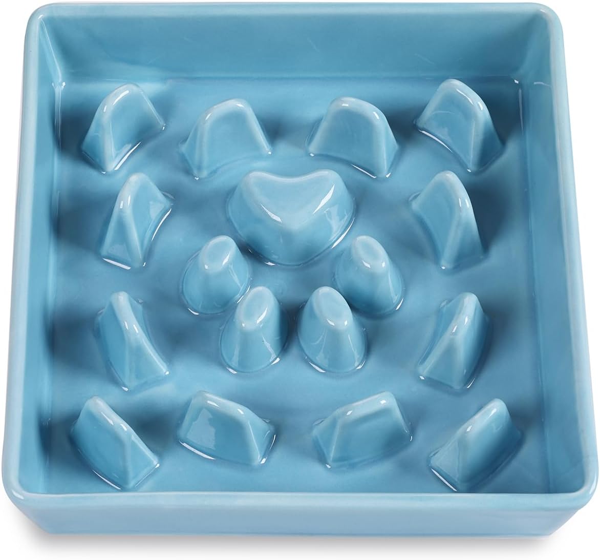 Square Slow Feeder Dog Bowls, Ceramic Fun Slow Eater Bowl for Small Medium Breed (Turquoise)