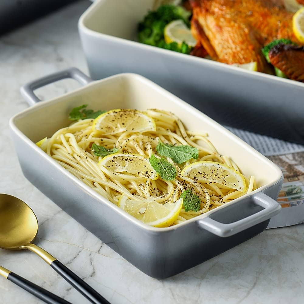 KOOV Bakeware Set, Ceramic Baking Dish, Rectangular Baking Pans for Cooking, Cake Dinner, Kitchen, Banquet and Daily Use, 12 x 8.5 Inches, 3-Piece (Gradient Gray)
