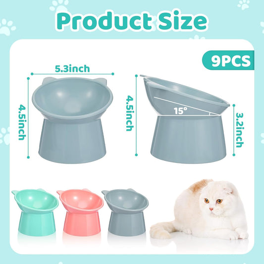 9 Pcs Plastic Raised Cat Bowls Bulk Elevated Tilted Dishes 15 Degrees Tilted Anti Vomiting Friendly Food Water Feeder Pet Slanted Stand Bowl for Indoor Cats Shelter(Cute,Pastel Color)