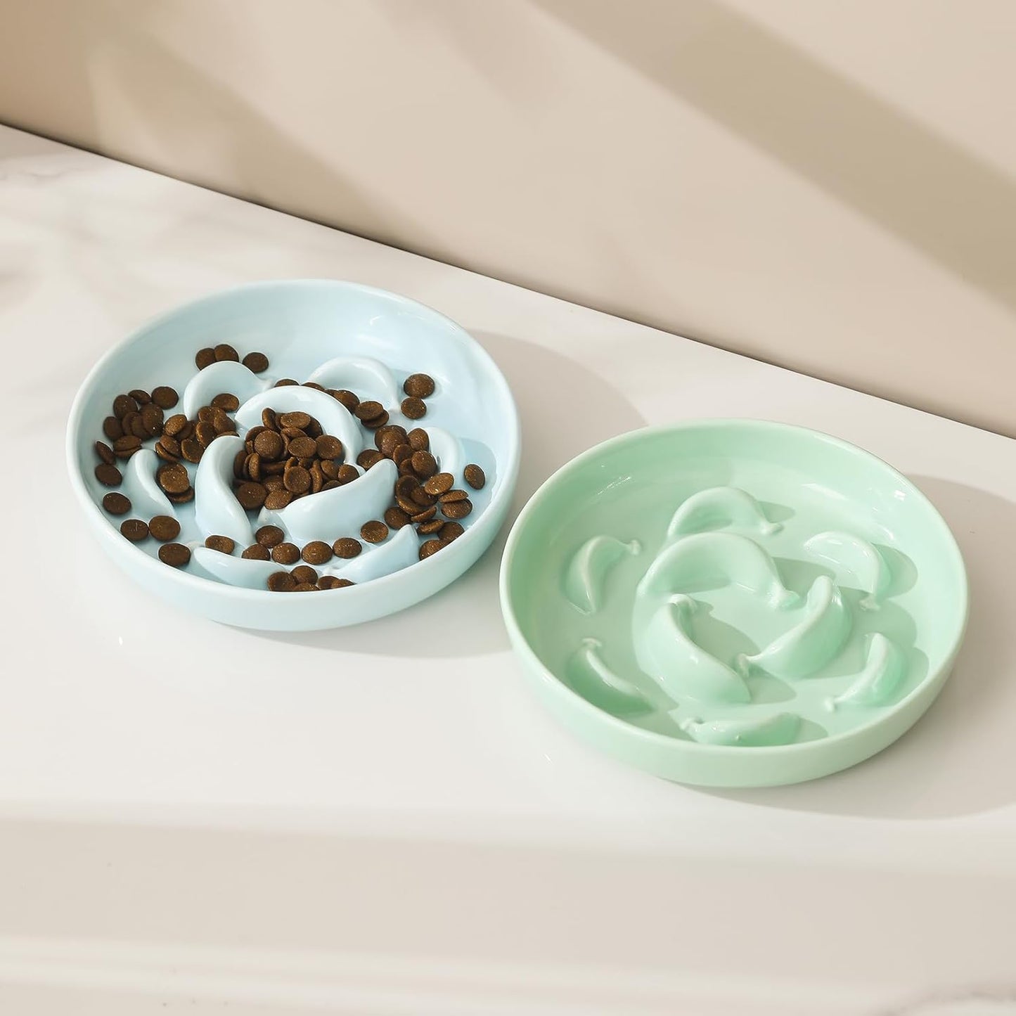 Cat Slow Feeder Bowl Set - 2 Pcs Ceramic Cat Food Plates for Slow Eating - Double Cat Dish for Dry Wet Food - Slow Feeding Cat Bowls Whisker Friendly - Microwave and Dishwasher Safe - Blue and Green