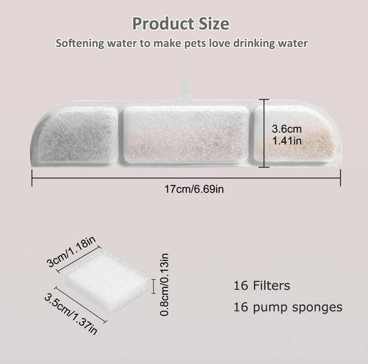 16 Packs Replacement Filters Compatible with Fursink Pet Water Fountain, Filter Replacement for Downy Paws 84oz/2.5L Wireless Cat Water Fountain DPWFP6 with 16 Pump Sponges and 1 Hard Brush