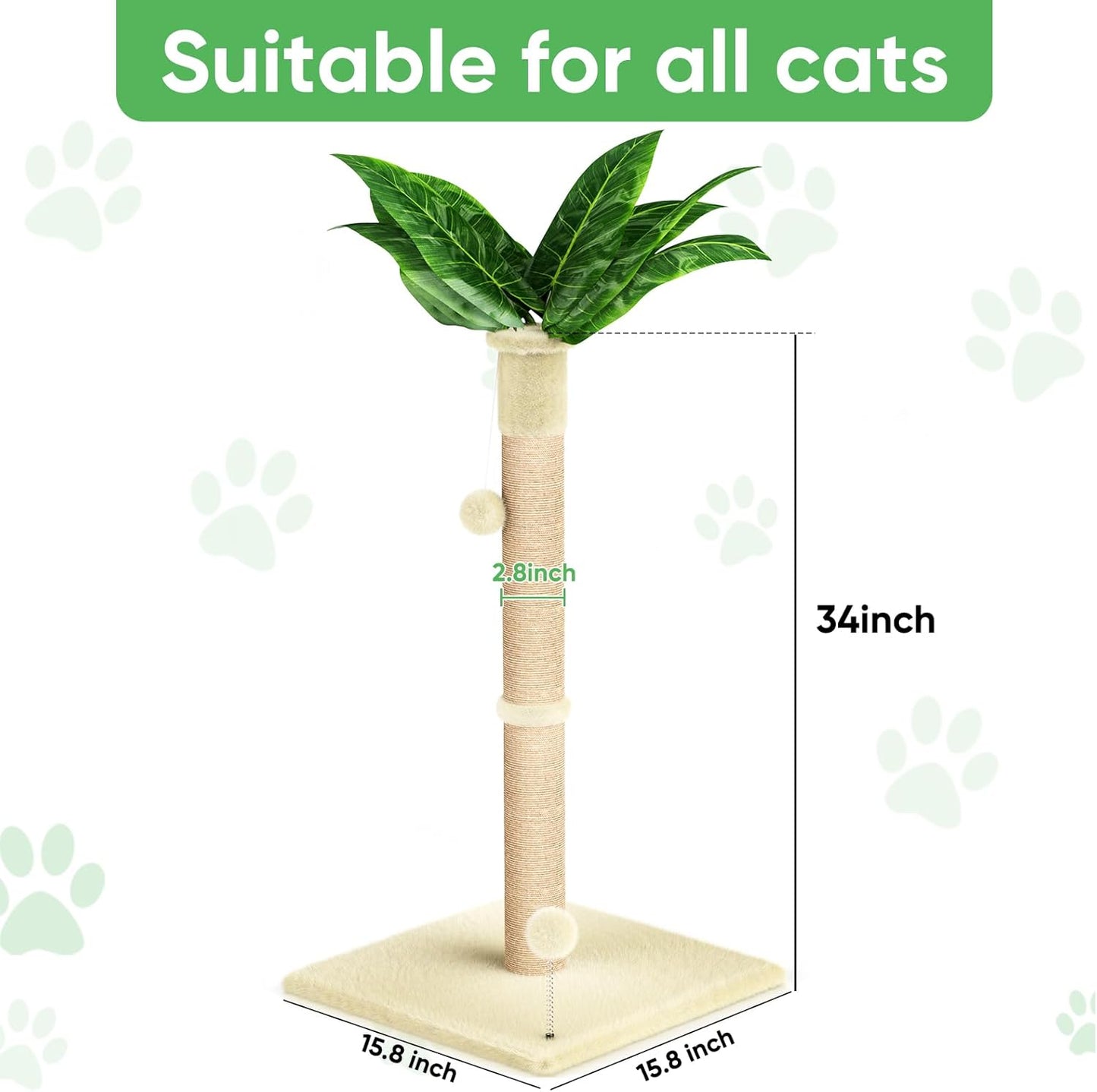 XiaZ Cat Scratching Post 34'' Tall, Cat Scratchers Tree Tower for Indoor Kitten with Extra Wide 15.8" Stable Base and 2 Toy Balls, Natural Sisal & Plush Fabric for Small, Medium Cats (Beige, 2.8in)