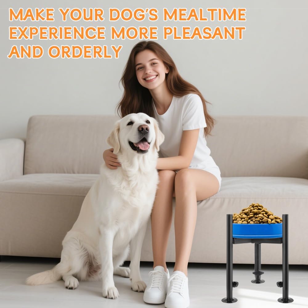 Single Dog Bowl Stand for Medium Large Dogs, Adjustable Width 6-10" Raised Dog dishes Stand,Elevated 4 Heights Tall Dogs Bowls Holder with Name Label Stickers, Black(Bowl Not Included)