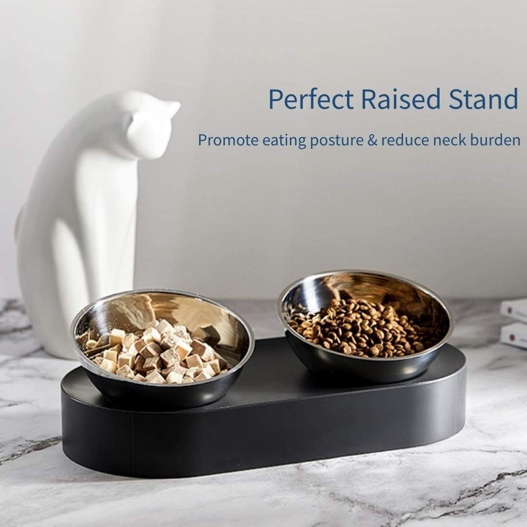 Fountain Elevated Dog Cat Stainless Steel Bowls, 15° Tilted Raised Cat Food and Water Bowls, Stress Free Food Grade Material, Nonslip No Spill Pet Feeding Bowls Pet Water Dispenser