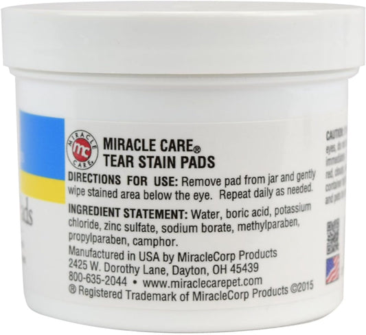 Miracle Care Tear Stain Pads, 90 Single Use Pre-Soaked Pads to Gently Clean and Soothe Dog and Cat Eyes, Non Stinging Formula to Improve Tear Stains and Remove Eye Debris