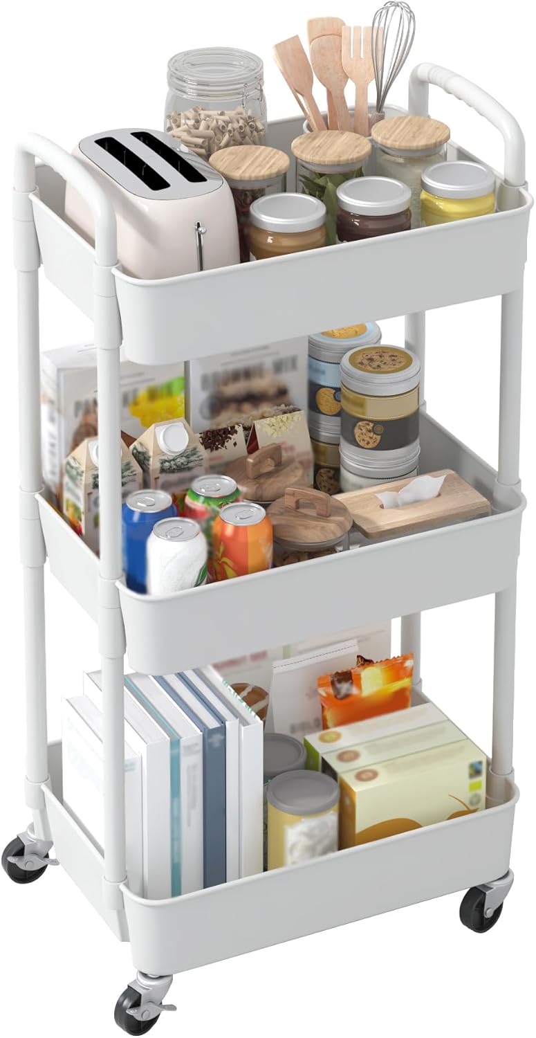 Sywhitta 3-Tier Plastic Rolling Utility Cart with Handle, Multi-Functional Storage Trolley for Office, Living Room, Kitchen, Movable Storage Organizer with Wheels, White