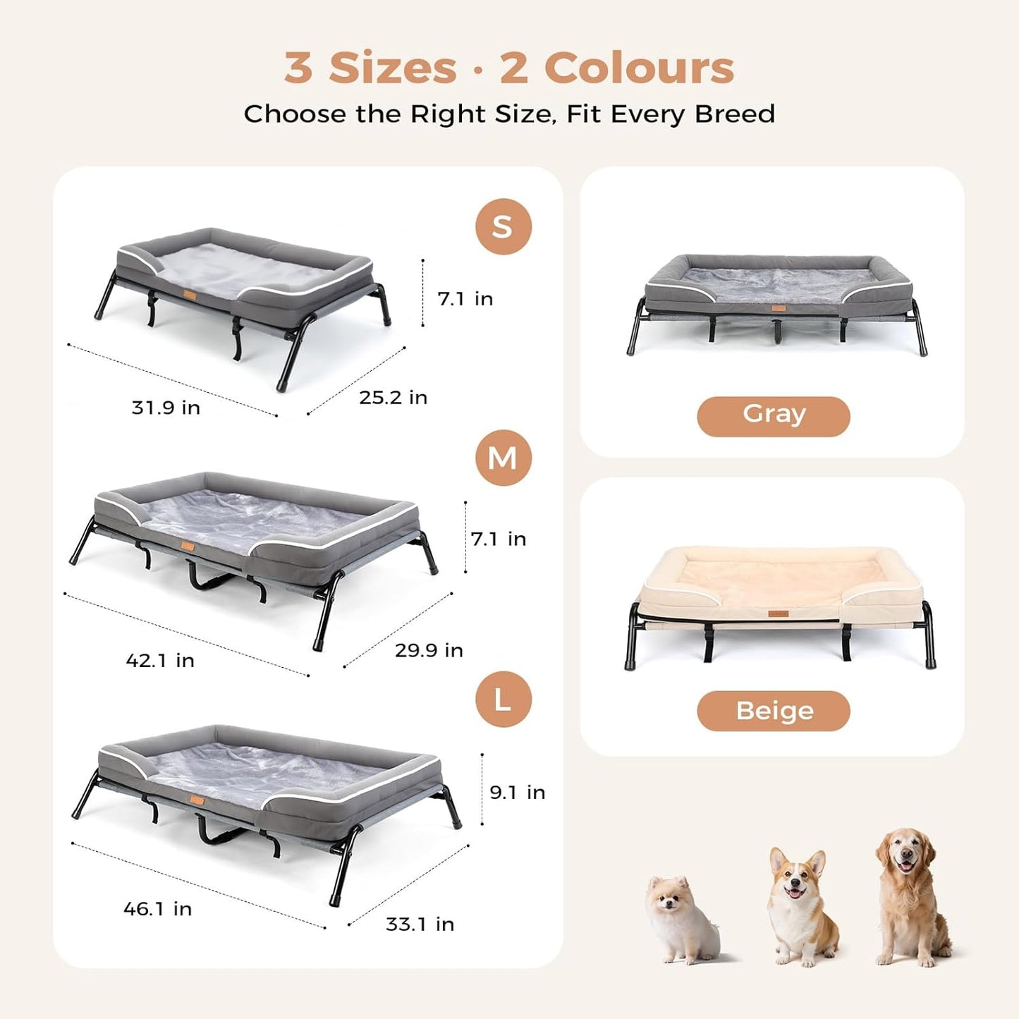 Lekereise Raised Dog Bed for Medium Dog 42x29 Inch, Orthopedic Pet Beds with Waterproof Egg Crate Foam, Removable Dogs Couch Bed for Indoor Outdoor, 2-in-1 Design, Load 70lb, Grey