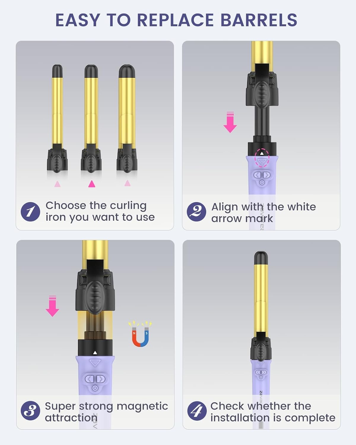 Rotating Curling Iron Set for Long Hair, Automatic Curling Wand Easy to Use Get Beach Waves 3 Interchangeable Ceramic Barrels 0.75" 1" 1.25", 5 Heat Settings up to 430°F, Dual Voltage