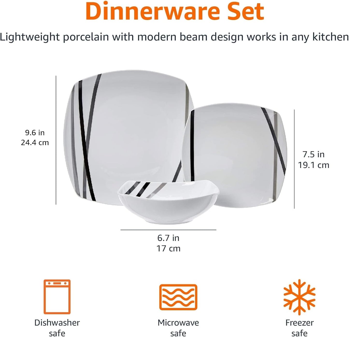 Amazon Basics 18 Piece Kitchen Dinnerware Set, Dishwasher and Microwave Safe, Square Plates, Bowls, Service for 6, Modern Beams