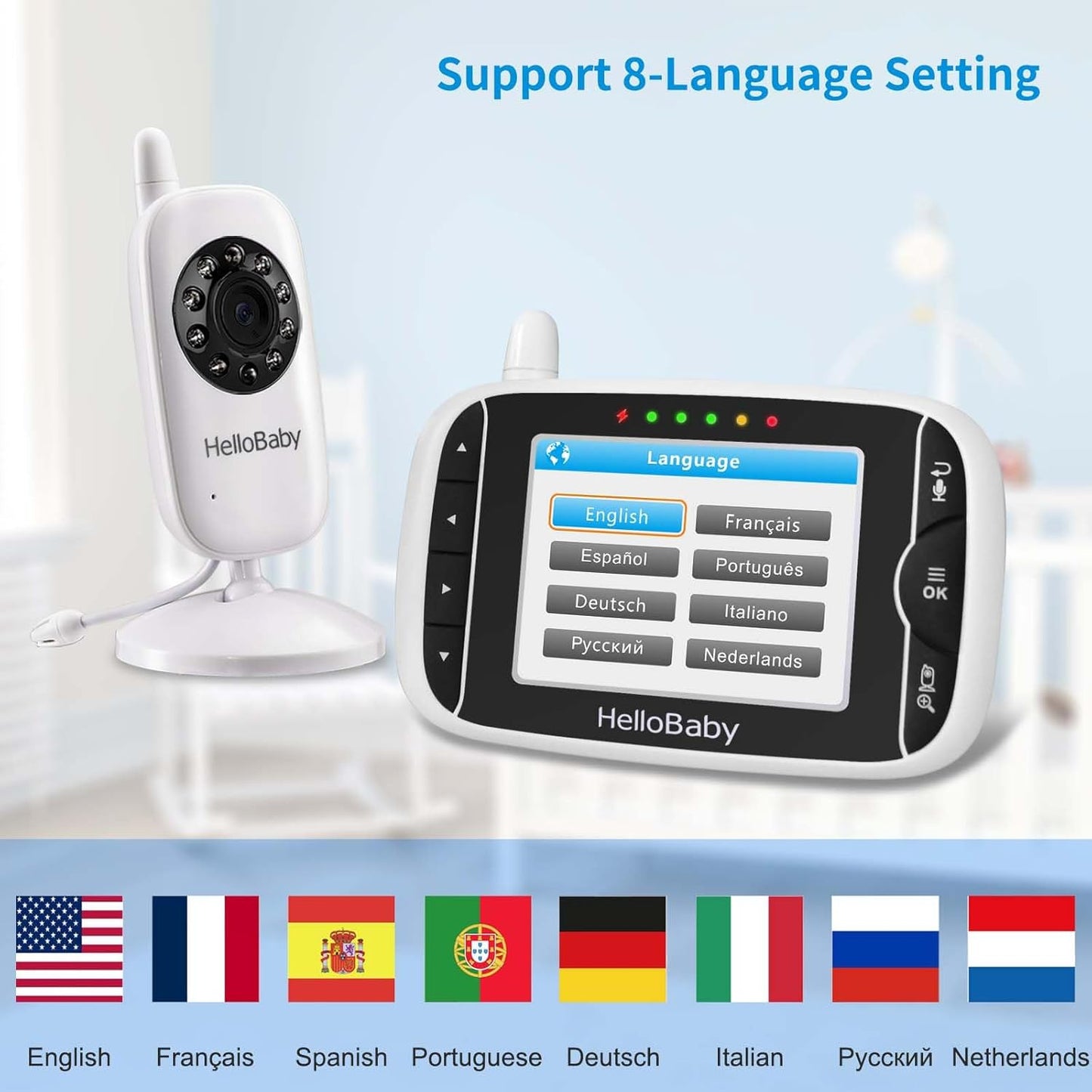 HelloBaby Video Baby Monitor with Camera and Audio, 3.2Inch LCD Display, Infrared Night Vision, Two-Way Audio and Room Temperature Monitoring,Lullaby,Sound Activated Screen
