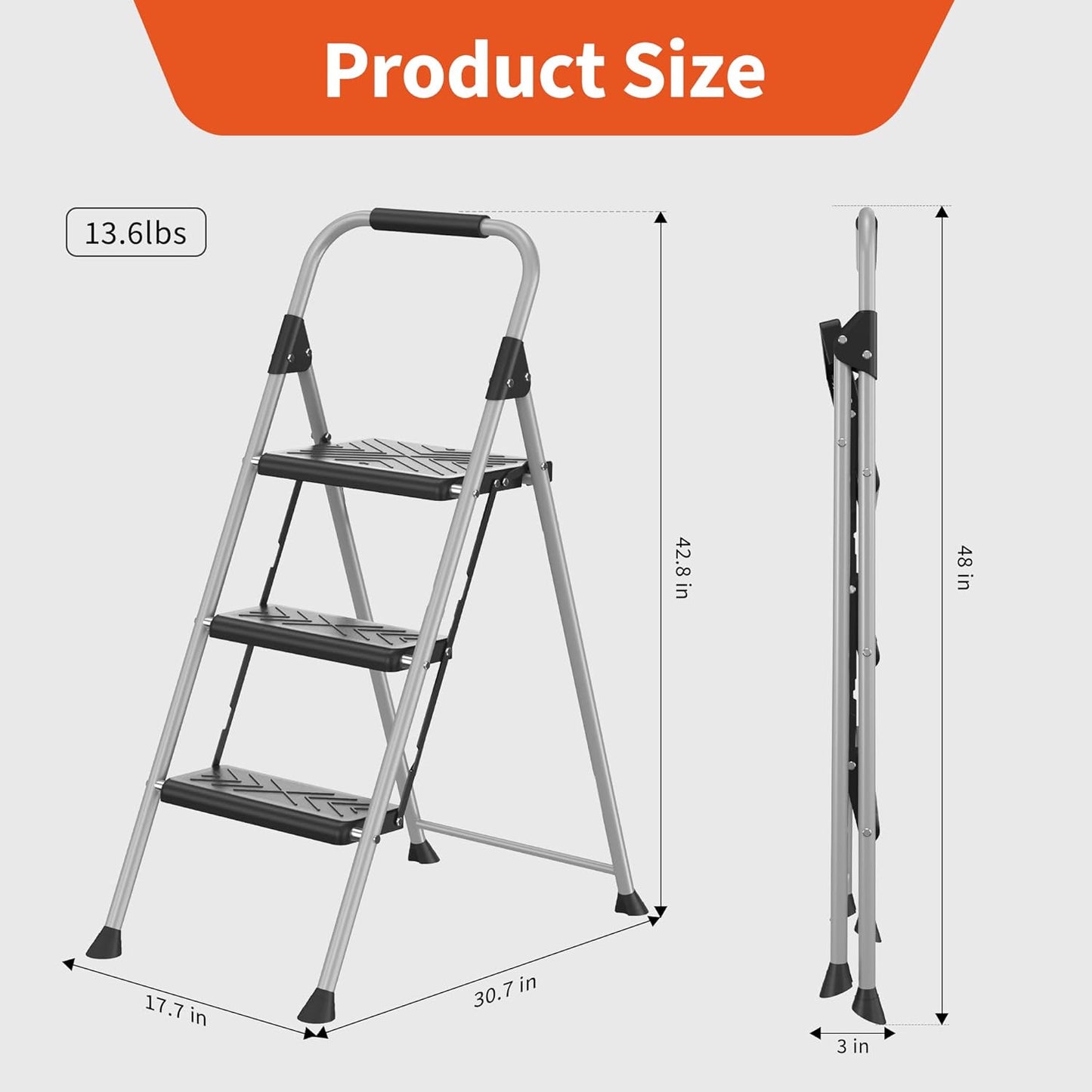 3-Step Ladder Folding Step Stool with Anti-Slip Wide Pedal & Soft Handle, Heavy Duty Steel Construction, 900 lbs Capacity for Home & Office, Grey