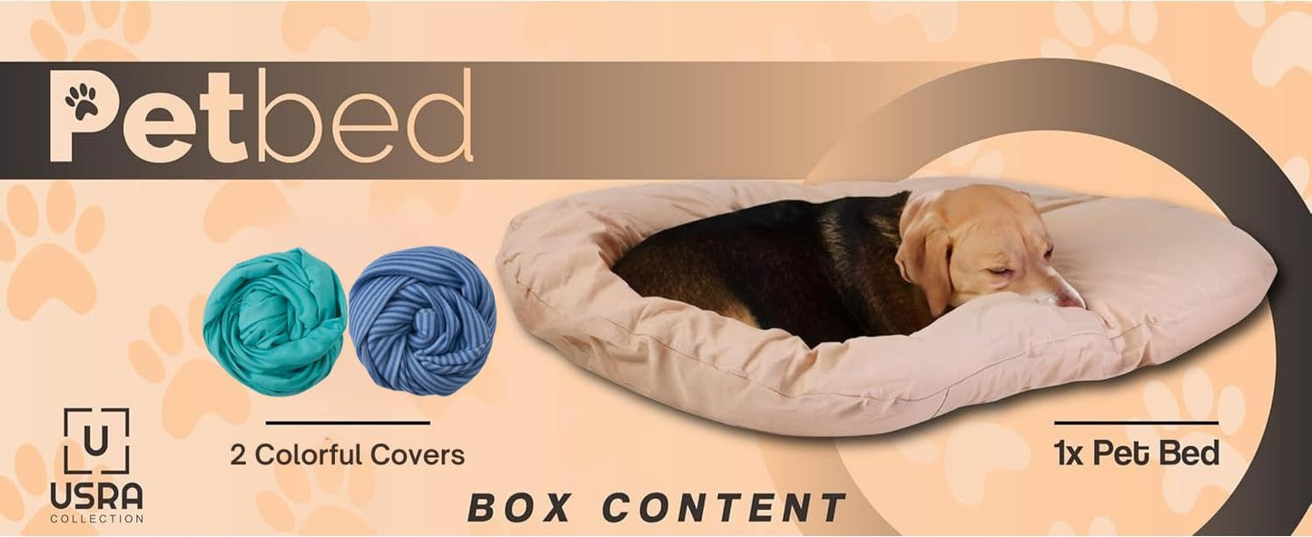 USRA 100% Cotton Orthopedic Pet Bed Gift Set with 2 Covers 28"x20" Dog Cat Recovery Pillow Hypoallergenic Natural Oeko-TEX Certified Comfy Kennel Pillow - Green Blue Colors