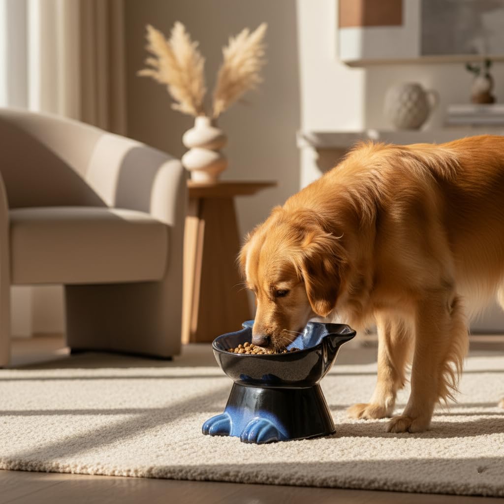 Nihow Elevated Ceramic Dog Bowls: 6.5 Inch Raised Small Dog Bowl for Food & Water - Food Safe Bowl for Medium/Small Size Dogs - Vivid Blue Puppy Bowls for Protecting Pet's Spine (1 PC)