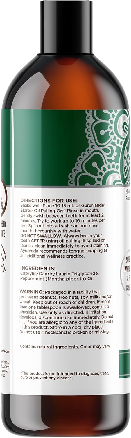 GuruNanda Starter Pulling Oil Mouthwash for Natural Teeth Whitening, Coconut and Peppermint Oil for Fresh Breath & Happy Gums, Alcohol-Free, 8 Oz