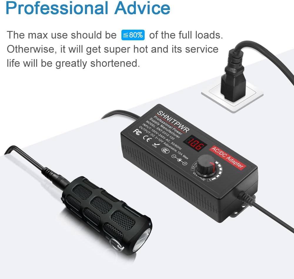 SHNITPWR 4V - 12V Power Supply 10A 120W AC to DC Adapter DC 4V 4.5V 5V 6V 7V 8V 9V 10V 11V 12V Voltage Adjustable Universal Power Converter Transformer 100-240V AC In with 14 Tips & Polarity Converter