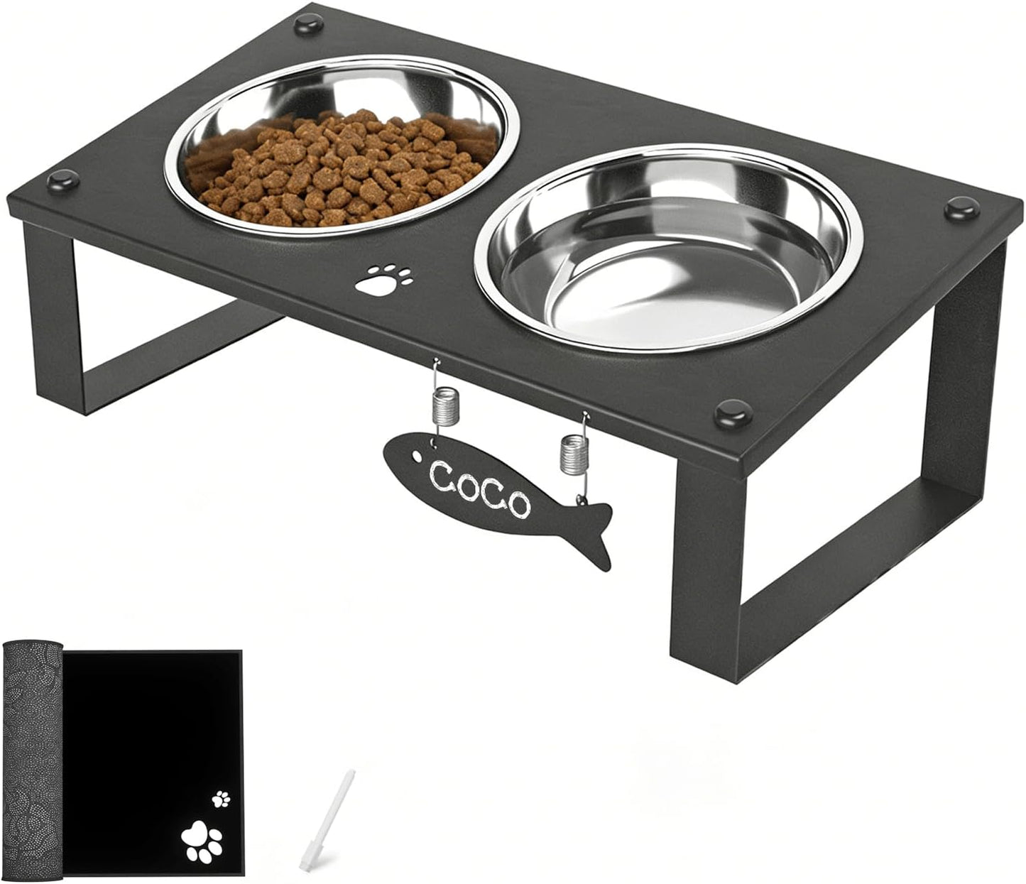 Elevated Cat Bowls with Splash Proof Mat for Kitten Puppy, 10° Tilted Raised Bowl Stand Anti-Vomiting, 2 Wide Shallow Stainless Steel Bowls, Whisker Friendly, 3.5" Tall