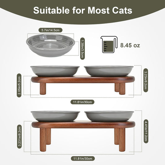 SPUNKYJUNKY Shallow Elevated Cat Bowl with Acacia Wood Stand Wide Raised Ceramic Cat Dishes Whisker Friendly Pet Food and Water Plates (Striped Pattern, Gray)