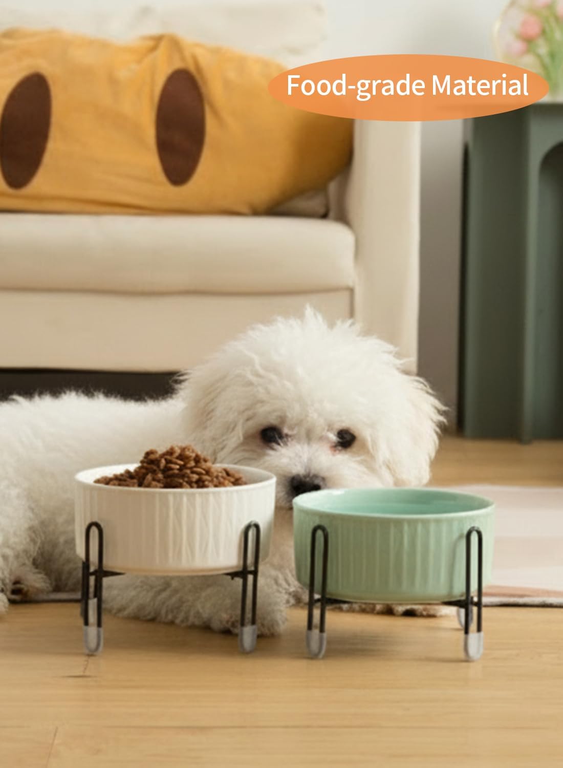 TAMAYKIM 32 oz Ceramic Dog Cat Bowl with Separate Elevated Metal Stand, 3 Adjustable Height 4 Cups Porcelain Pet Feeder Food & Water Bowls Set Non-Slip for Big Cats, Small Medium Dogs, White & Green