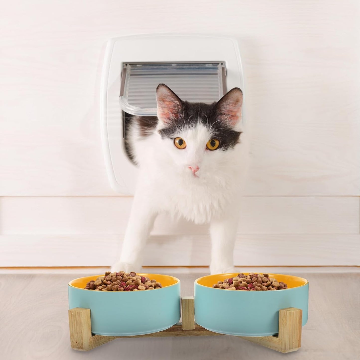 Milisten Ceramic Cat Bowl with Wood Holder, Elevated Feeding Bowl Set, Matte Two-Tone Blue and Yellow, Small Size, Indoor Kitten Feeding Dish for Cats