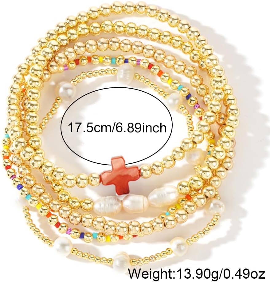 14K Gold Pearl Beaded Cross Bracelets Stack Set for Women,Stretch Boho Colorful Christian Beads Ball Jewelry Trendy Gift
