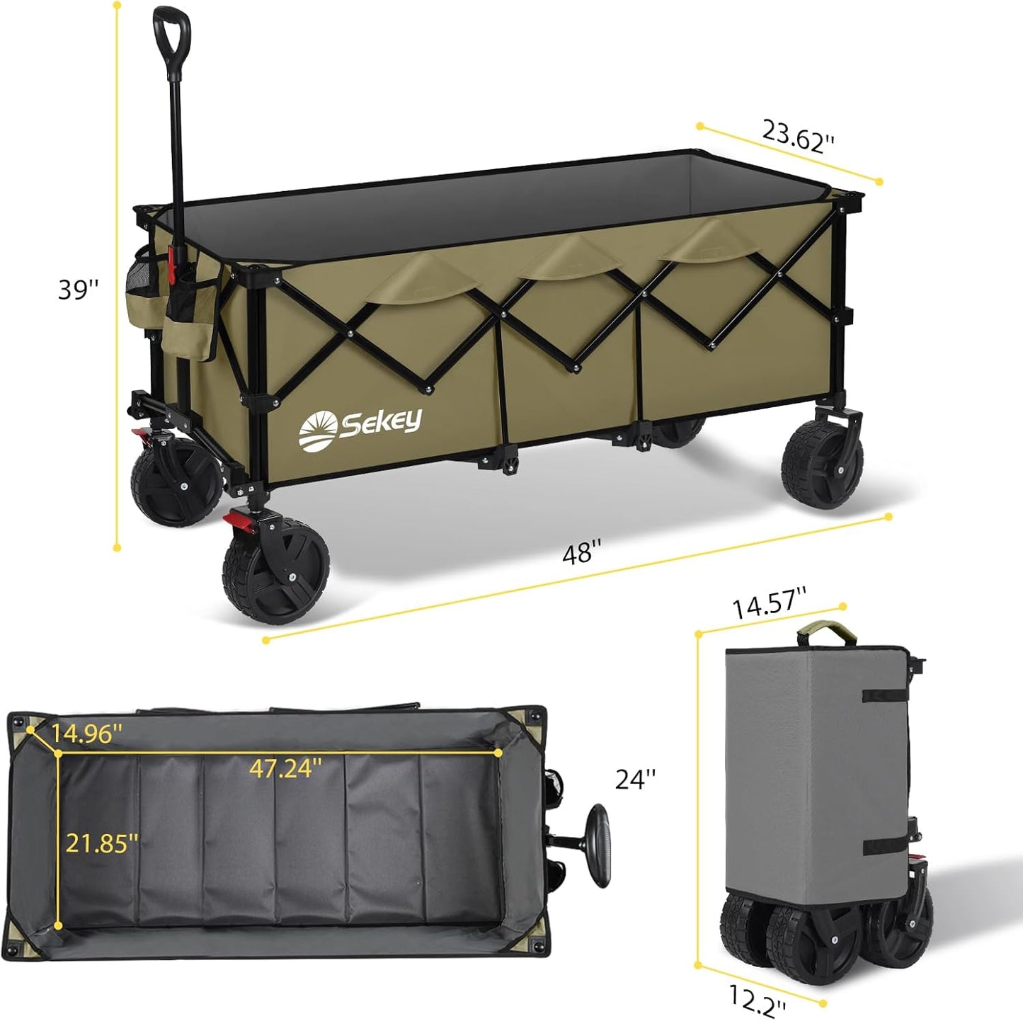 Sekey 48''L Collapsible Foldable Extended Wagon with 660lbs Weight Capacity, Heavy Duty 300L Folding Utility Garden Cart with Big All-Terrain Beach Wheels & Drink Holders. Khaki