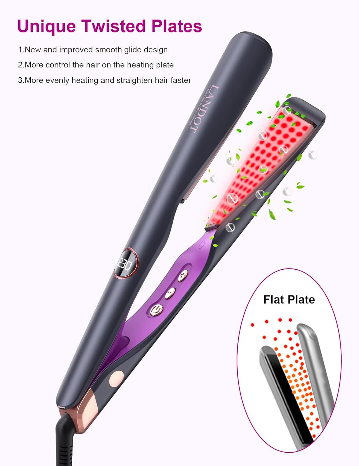 LANDOT 2-in-1 Hair Straightener Curling Iron - Twist Floating Plates for Curl & Straight, Anti-Frizz & Tangle-Free, Dual Voltage Adjustable Temp 250-450°F for All Hair Types