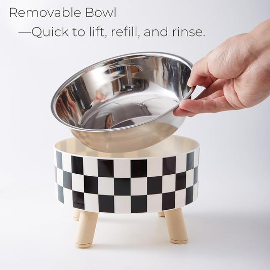Elevated Dog Bowl Stand with Feeders Dishes for Most Dog Size Checkered Print Food Dish Stainless Steel Elevated Dog Feeding Station Pet Feeding Bowls