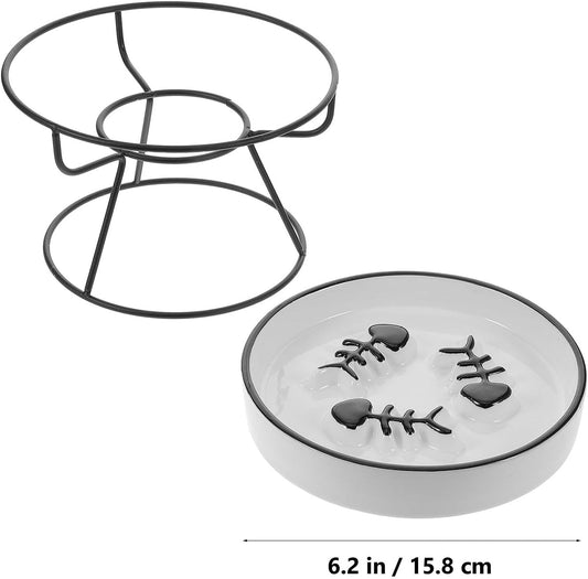 Milisten Ceramic Slow Feed Cat Bowl Elevated with Stand, Raised Pet Feeding Dish for Small Dogs and Kittens, Black Non-tip Slow Eating Bowl for Whisker Relief and Spine Protection