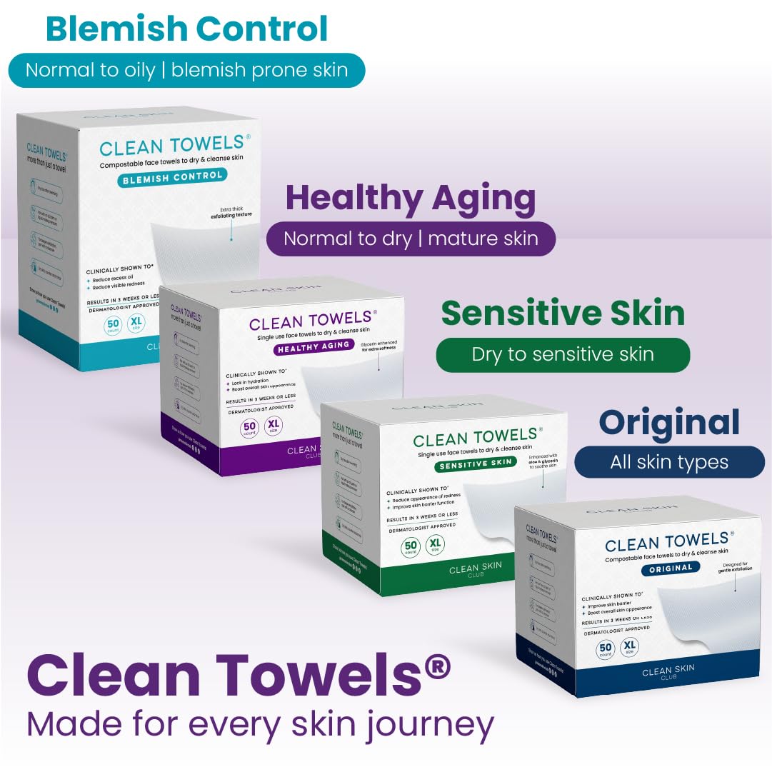 CLEAN SKIN CLUB Healthy Aging Clean Towels® XL, Smooths Fine Lines Wrinkles & Texture, Disposable Face Dry Wipes, XL - 1 Pack (50 count)