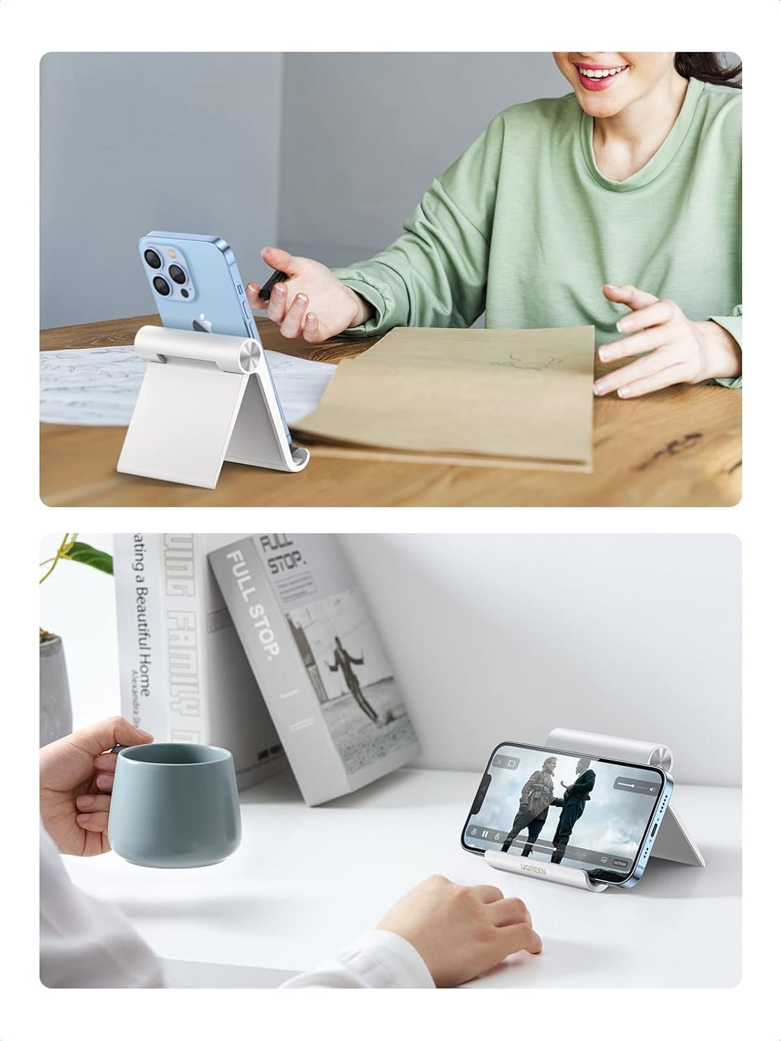 UGREEN Cell Phone Stand for Desk Phone Holder Foldable Portable Adjustable Compatible with iPhone 17 Air 16 15 14 13 Pro Max, iPhone 12 11 Plus SE XS XR 8 7, Office Desk Travel Accessories, White