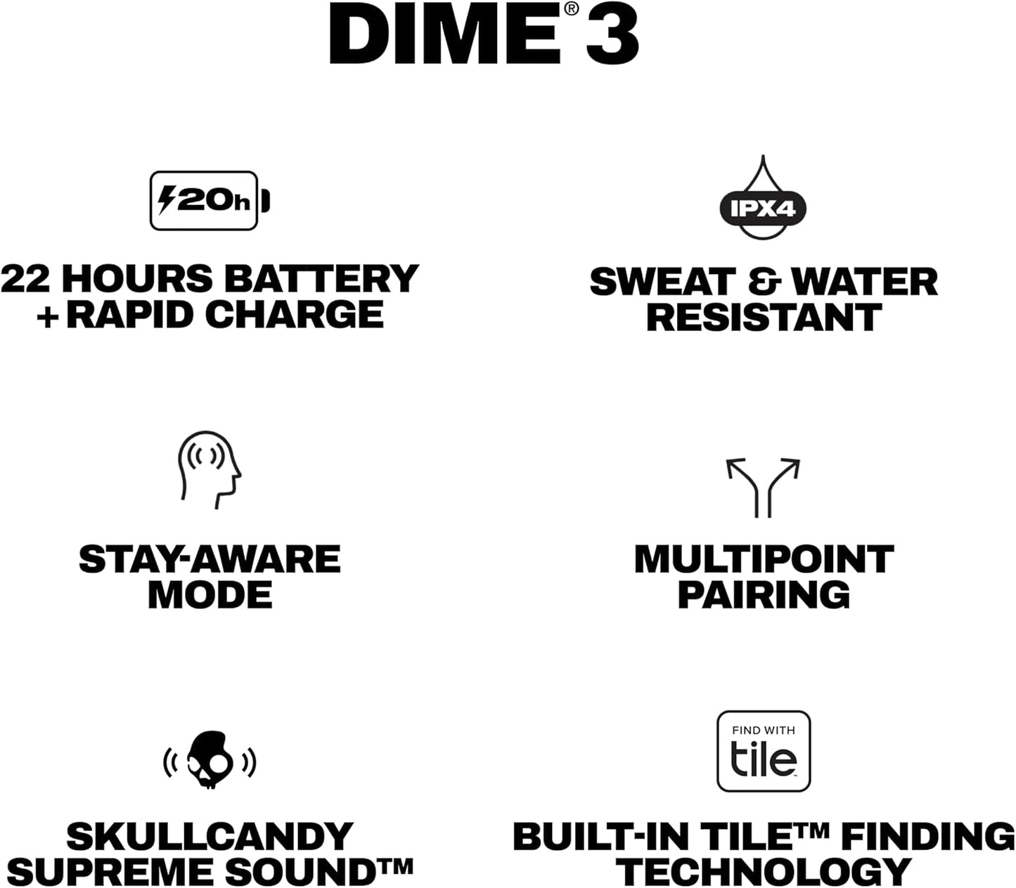 Skullcandy Dime 3 Wireless Earbuds, Bluetooth Headphones, Noise Isolating Fit, Up to 20 Hours Battery, Microphone for iPhone Android, Easy Carry with Integrated Lanyard - True Black