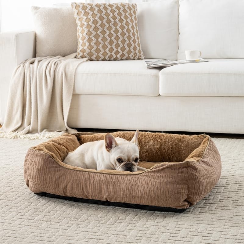 Happy Pets Luxury Orthopedic Pet Bed, F-Corduroy Foam, Brown or Light Gray Square Nest Bolster Design, Machine Washable Cover, for All Breeds (30" x 24" x 9", Brown Corduroy Square Nest)