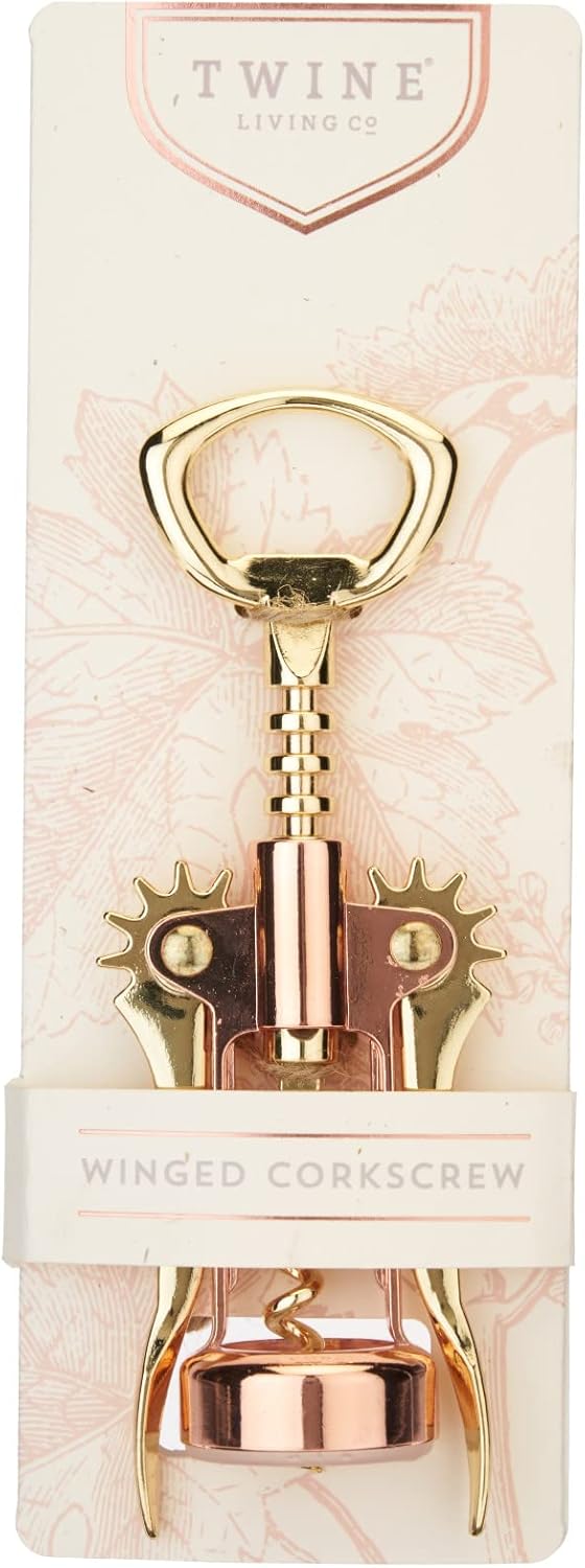 Twine Winged Corkscrew Wine Opener, Versatile Bottle Opener for Beer and Soft Drinks, Stainless Steel with Ergonomic Handle and Sharp Screw for Bartenders, Home Bar, Kitchen, Set of 1, Copper and Gold