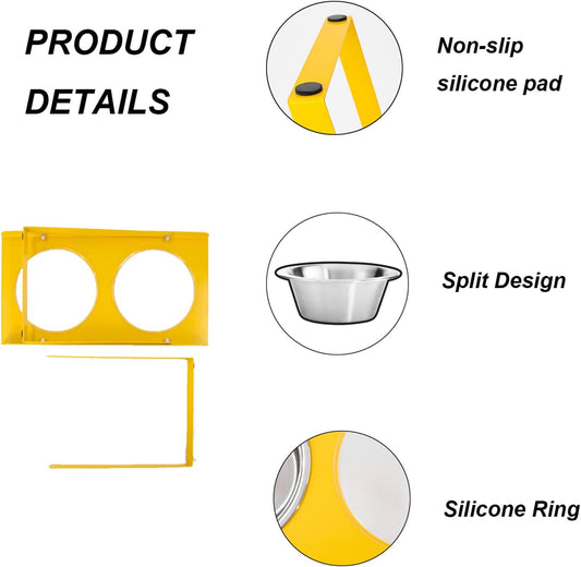 Raised Dog Bowls, Elevated Dog Bowls with 2 Stainless Steel Food & Water Bowls, Dog Food Bowl Stand with a Folding Shelf for Large Dogs,Yellow